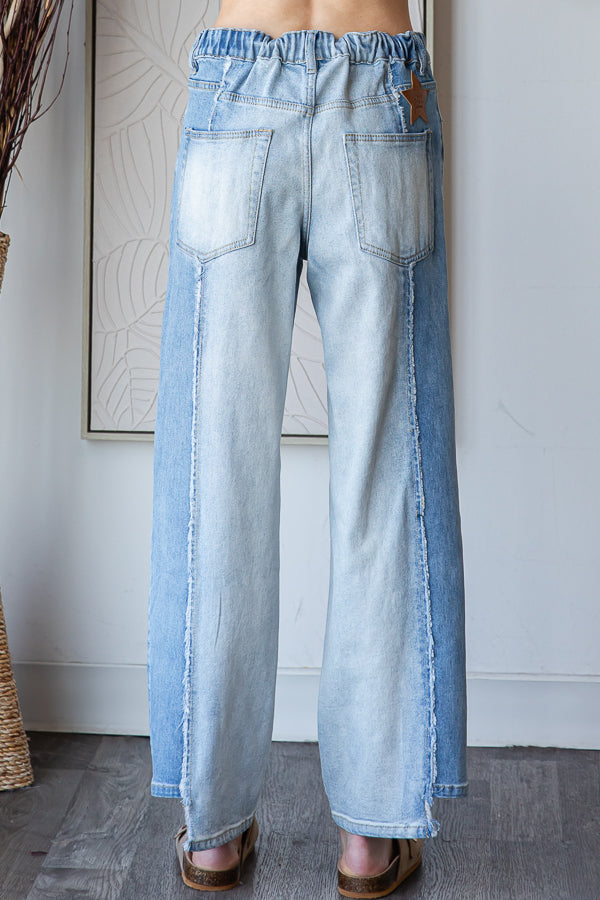 FRAYED TRIM HIGH WAIST VINTAGE DENIM JEANS