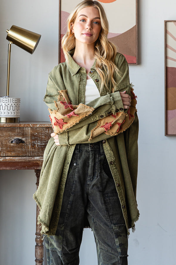 WASHED STAR PATCHWORK BUTTON DOWN SHACKET