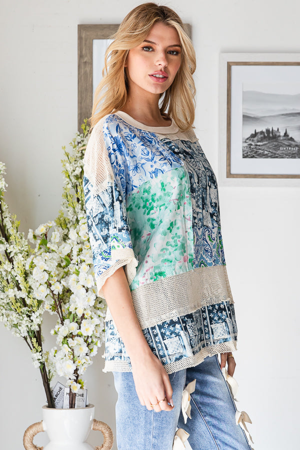 MIXED PRINT MESH CONTRAST RELAXED TOP