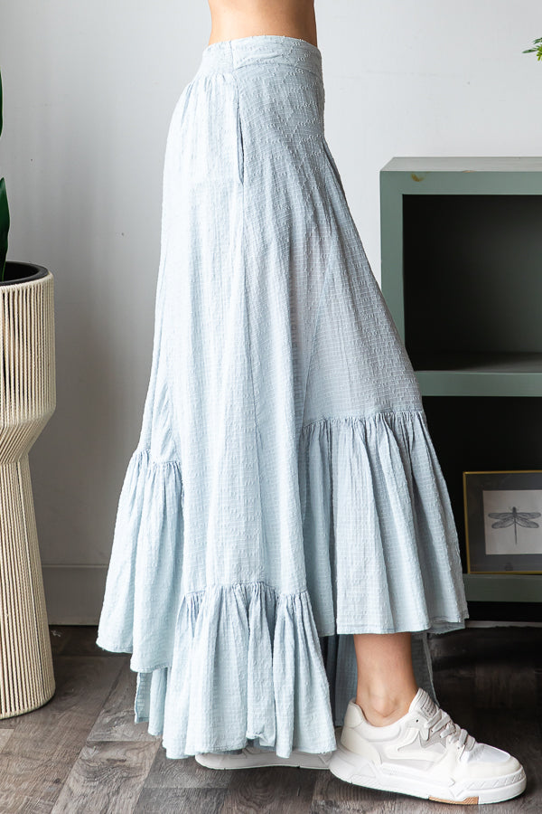 WASHED WIDE LEG RUFFLED HEM PANTS