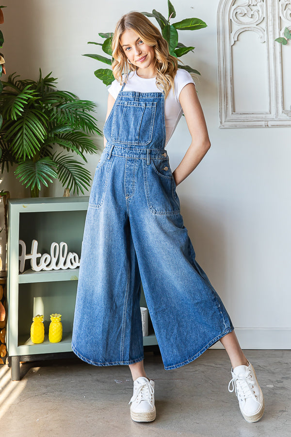 WASHED FRONT POCKET SLEEVELESS DENIM JUMPSUIT