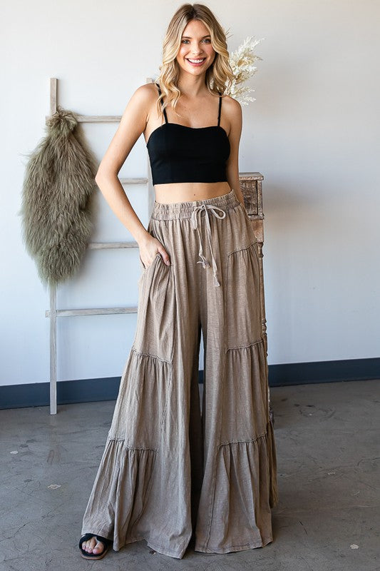 MINERAL WASHED TIERED BOHO WIDE LEG CASUAL PANTS