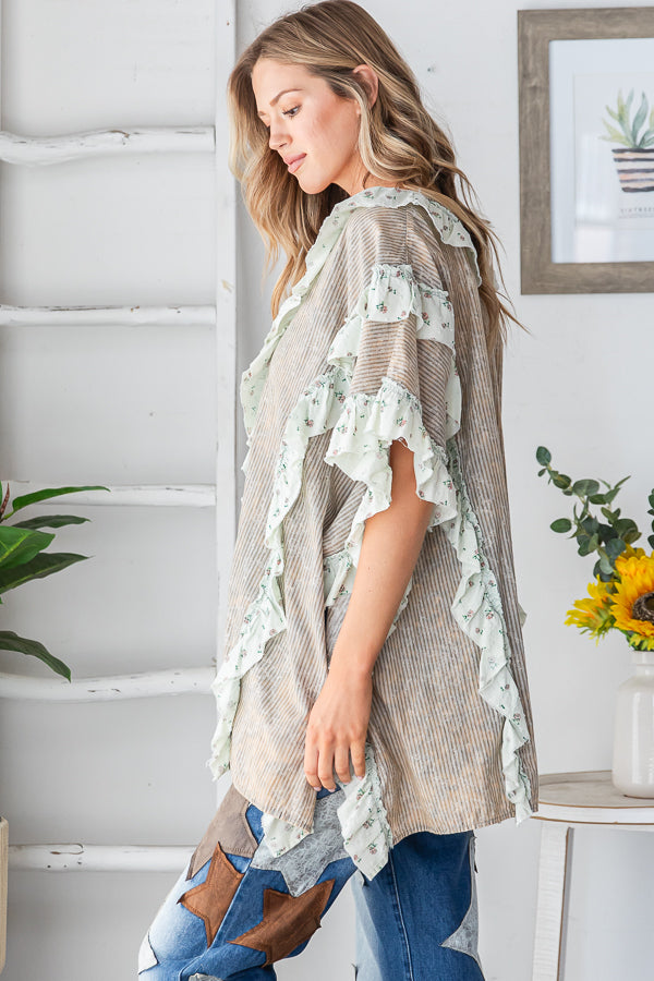 WASHED V NECK RUFFLE DETAIL MIX MEDIA BUTTON TOP