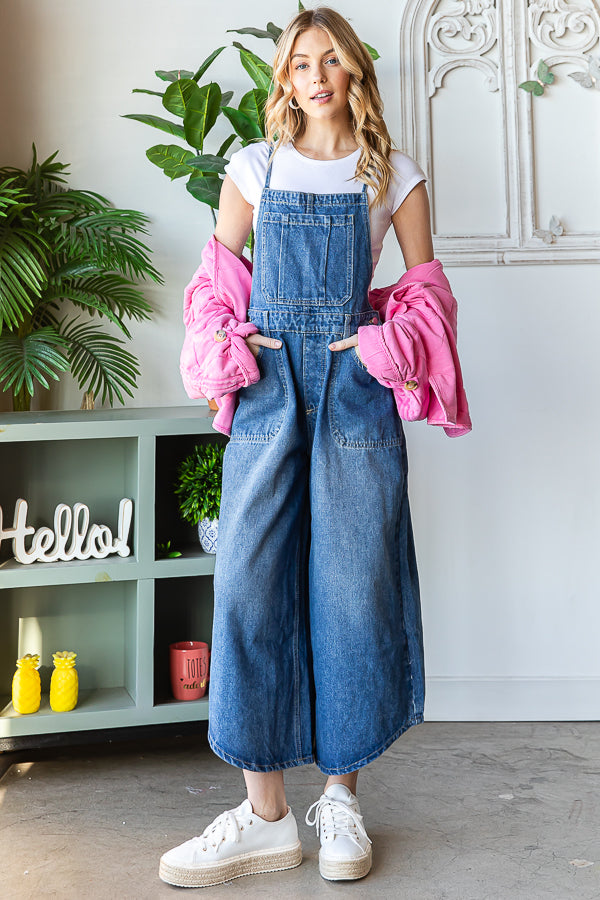 WASHED FRONT POCKET SLEEVELESS DENIM JUMPSUIT