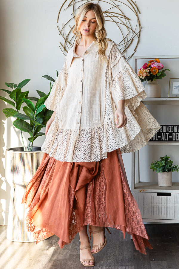 WASHED LACE RUFFLE HEM BUTTON FRONT SHIRT