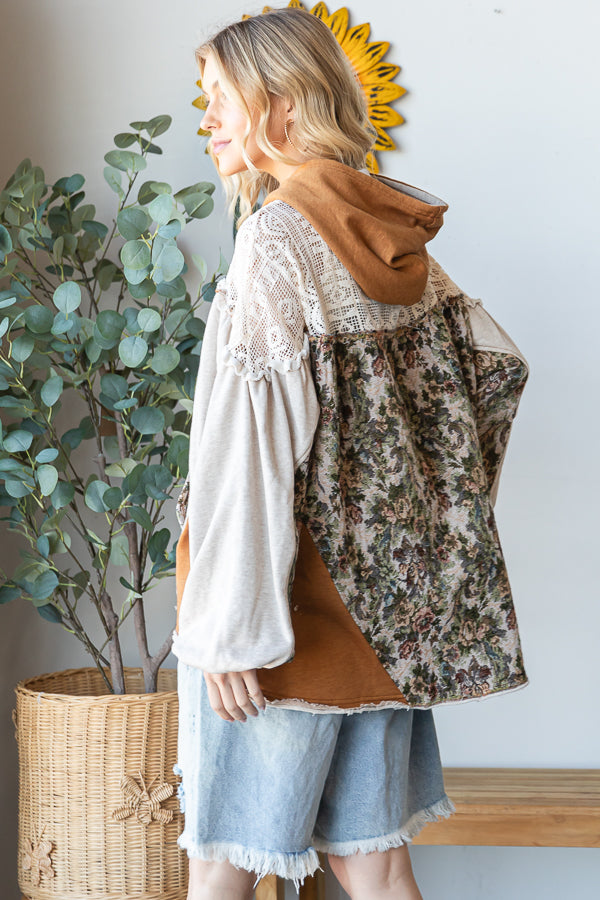 LACE YOKE LONG SLEEVE ZIP CLOSURE HOODED JACKET