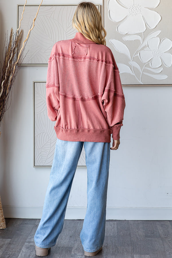 MINERAL WASHED FUNNELNECK LONG SLEEVE PULLOVER TOP