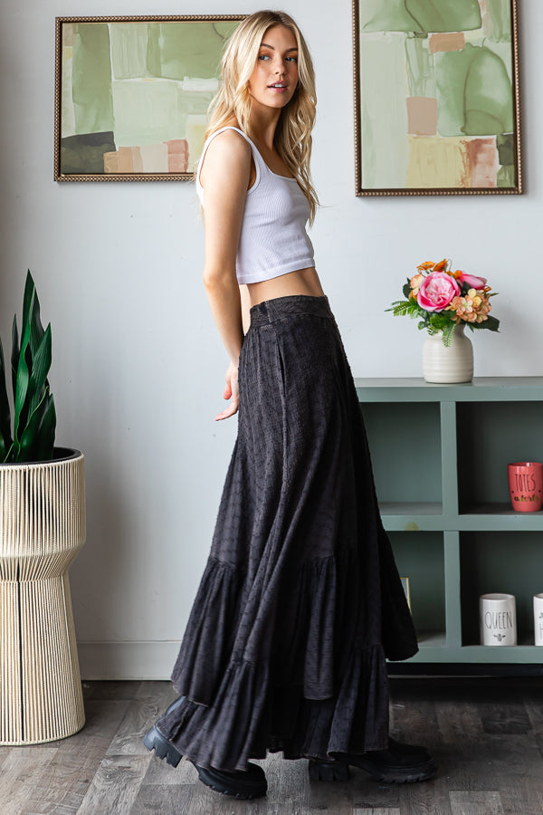 WASHED WIDE LEG RUFFLED HEM PANTS