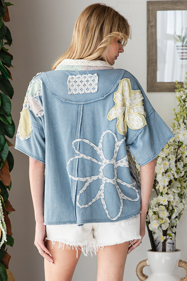 WASHED FLOWER PATCHWORK COLLARED TOP