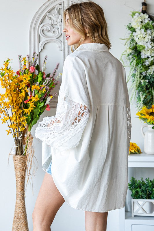 MINERAL WASHED EMBROIDERY ORGANZA SLEEVE SHIRTS