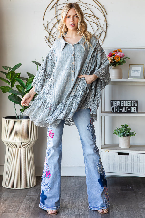 WASHED LACE RUFFLE HEM BUTTON FRONT SHIRT