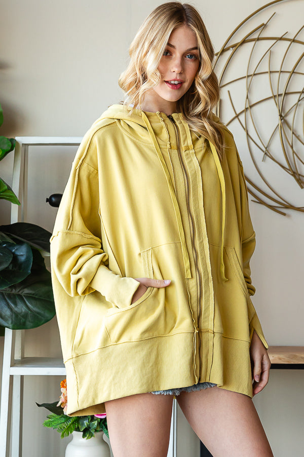 WASHED HOODED ZIP FRONT JACKET