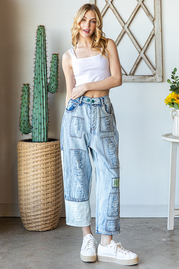 WASHED DISTRESSED PATCHWROK DENIM JEANS