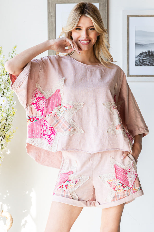 MULTI PRINT STAR PATCHWORK TOP SHORT TWO PIECE SET