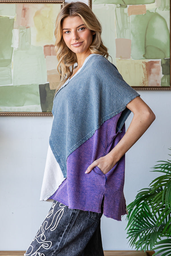 WASHED COLORBLOCK WIDE V NECK SHORT SLEEVE TOP