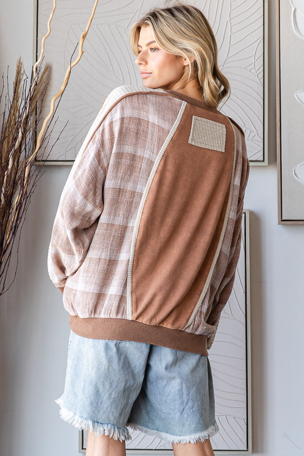 WASHED PLAID MIX MEDIA LONG SLEEVE PULLOVER TOP