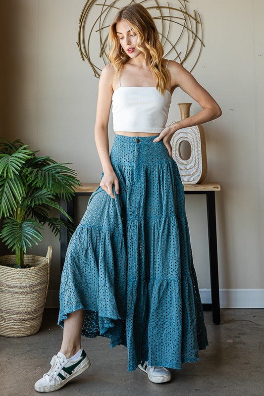 MINERAL WASHED EYELET TIERED MAXI SKIRT
