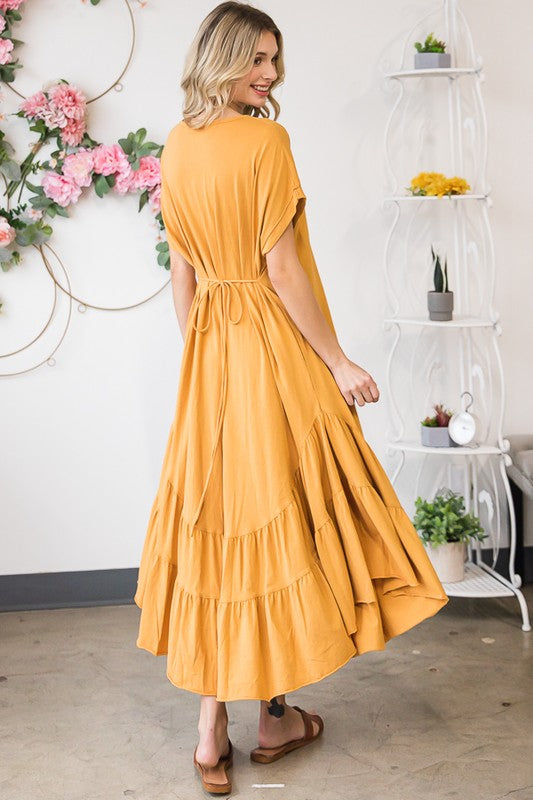 WASHED RUFFLE TIERED HEM SHORT SLEEVE MIDI DRESS