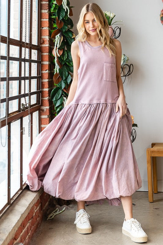 WASHED SLEEVELESS BUBBLE HEM MAXI TANK DRESS