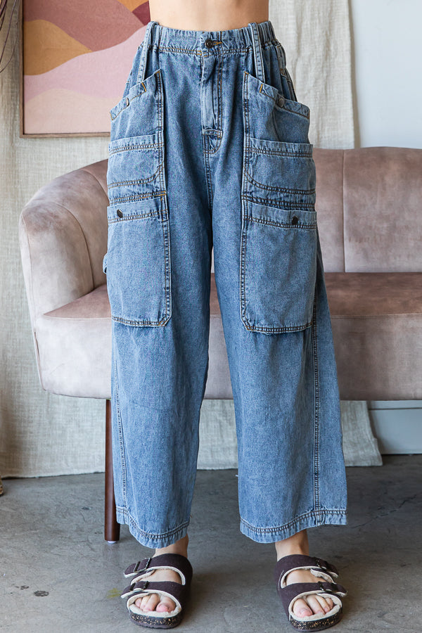 MINERAL WASHED WIDE LEG CARGO DENIM JEANS