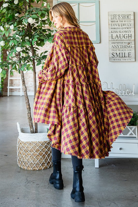 WASHED TIERED RUFFLE BACK DETAIL PLAID TUNIC SHIRT