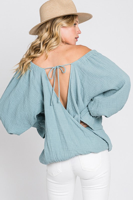 WASHED FLARE CUFFS OPEN BACK DETAIL GAUZE BLOUSE