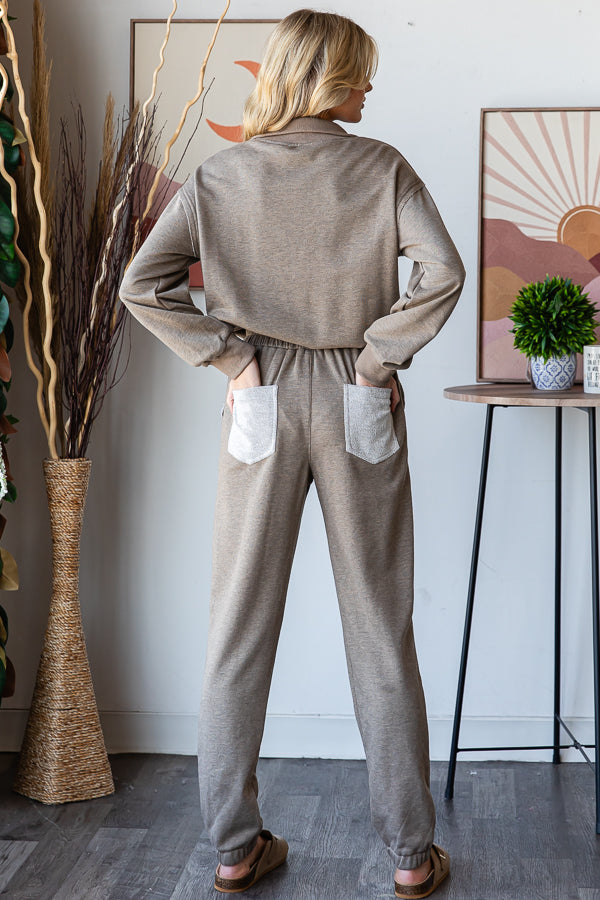 ZIP FRONT NECK CONTRAST BACK POCKET JUMPSUIT