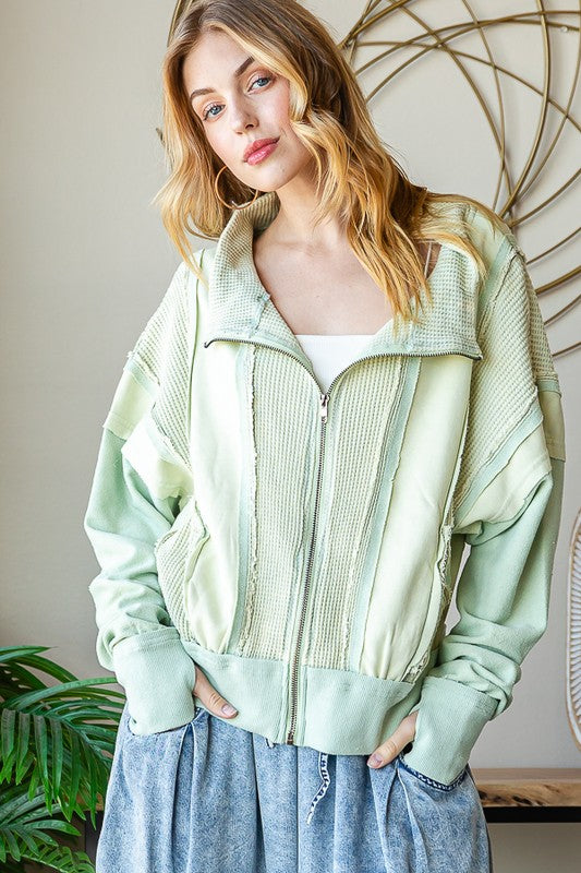 ZIP FRONT MIX HOODED CROPPED JACKET