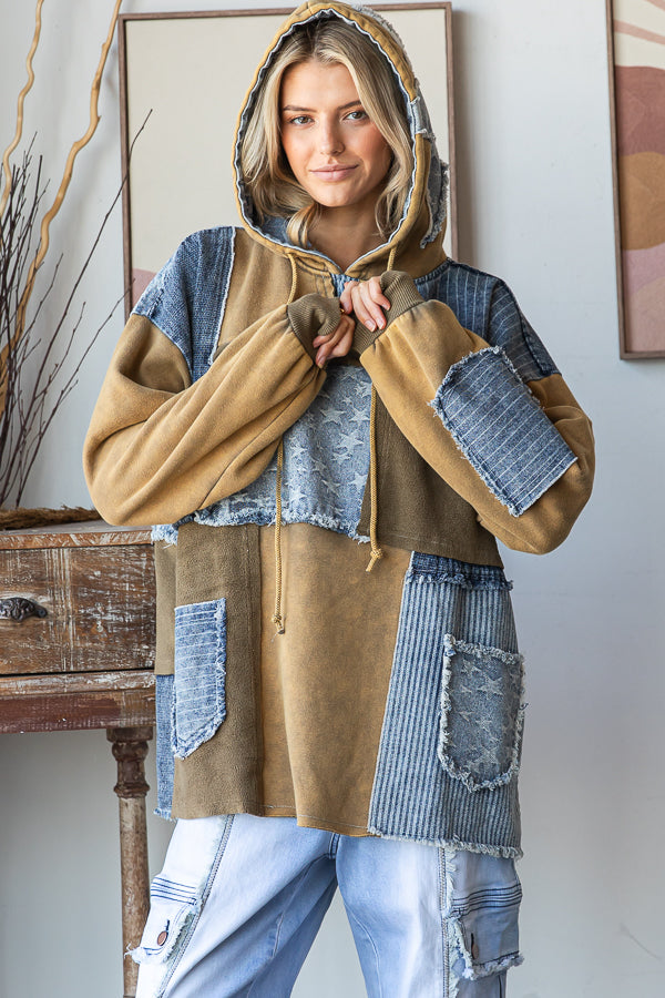 WASHED PATCHWORK DENIM HOODED PULLOVER TOP