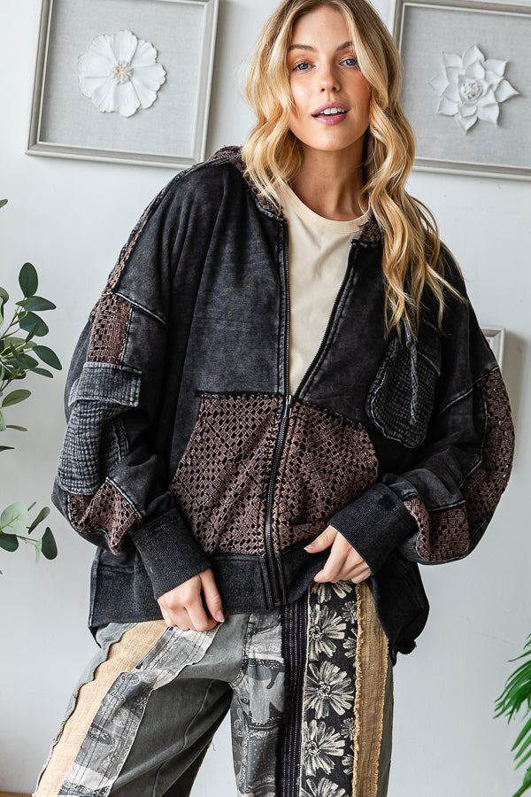 WASHED BACK TWIST DETAIL HOODED ZIP UP JACKET