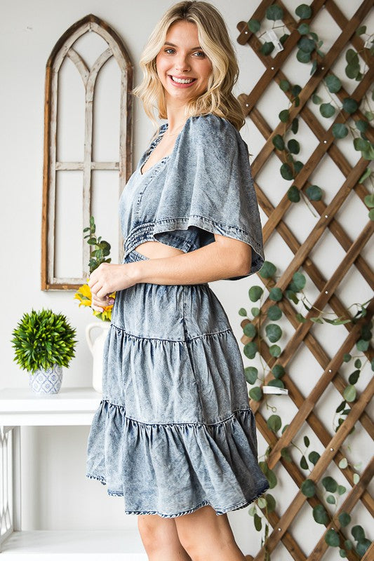 WASHED CROSS CUTOUT TIERED TENCEL MINI DRESS