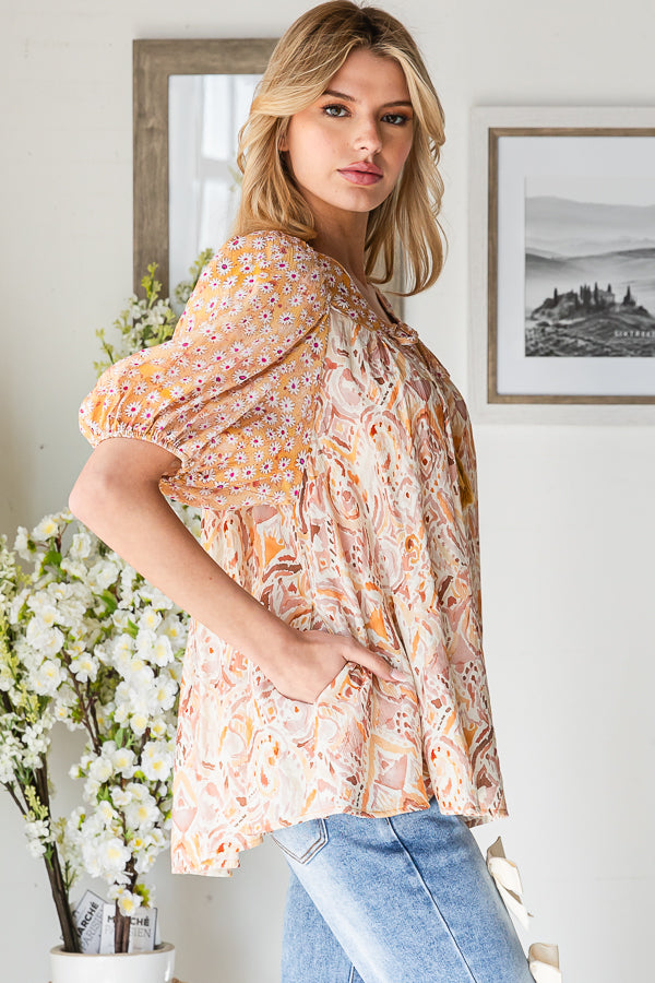 FLORAL MIXED PRINTED PUFF SHORT SLEEVE BLOUSE