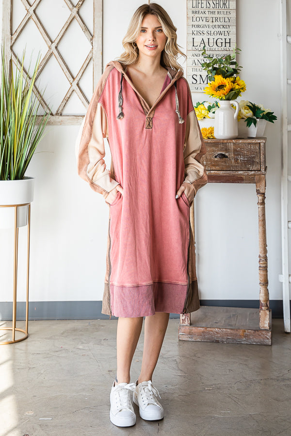 WASHED DRAWSTRING HOODED CONTRAST TUNIC DRESS