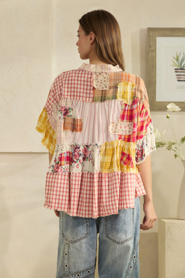 WASHED RUFFLE HEM MIXED PLAID TOP