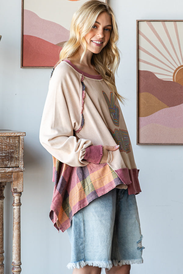 WASHED PEACE PATCHWORK PULLOVER TOP