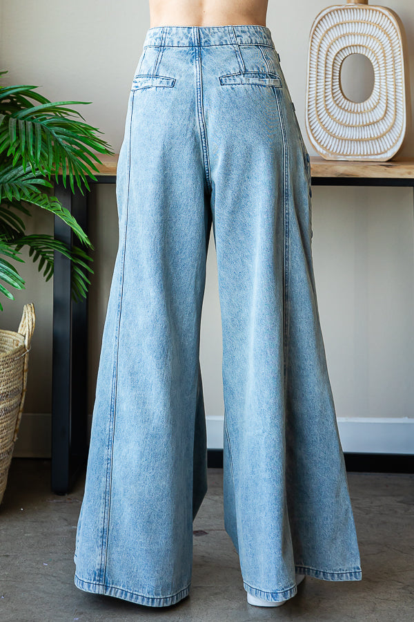 WASHED WIDE LEG FLARED PALAZZO DENIM PANTS