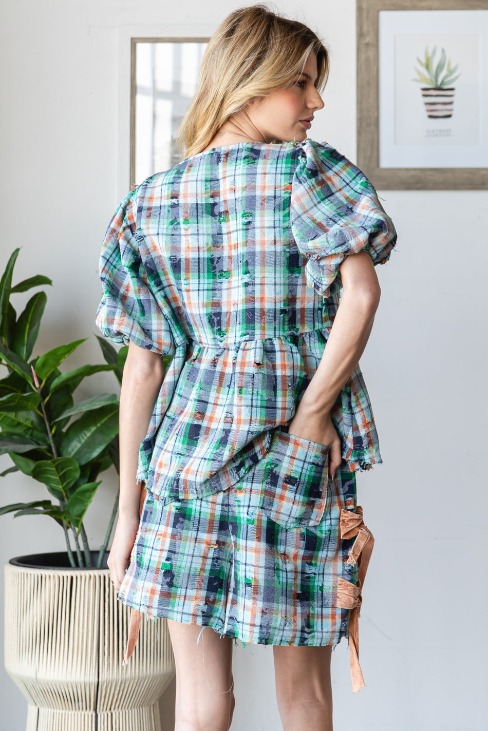 WASHED PLAID RIBBON TOP SHORT TWO PIECE SET