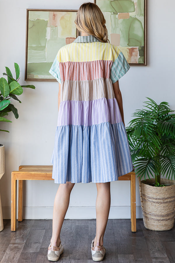 COLORBLOCK STRIPED COLLAR FLARE HEM SHIRT DRESS