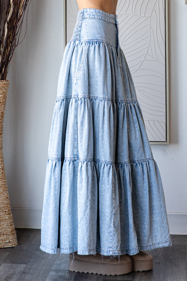 WASHED PRINTED MAXI TIERED SKIRT