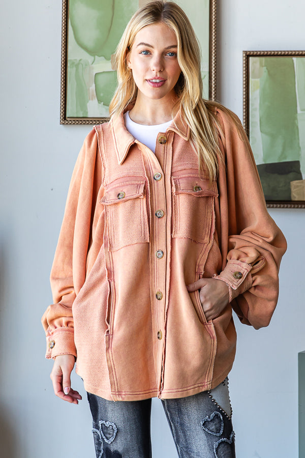 WASHED BALLOON SLEEVE BUTTON FRONT SHIRT JACKET