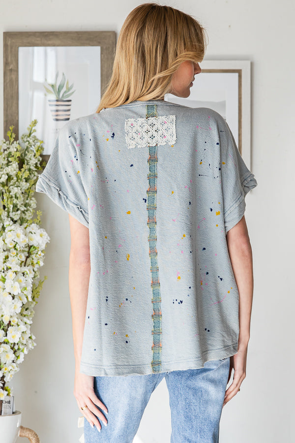 PAINT SPLATTER DETAIL RIBBON PATCHWORK TOP
