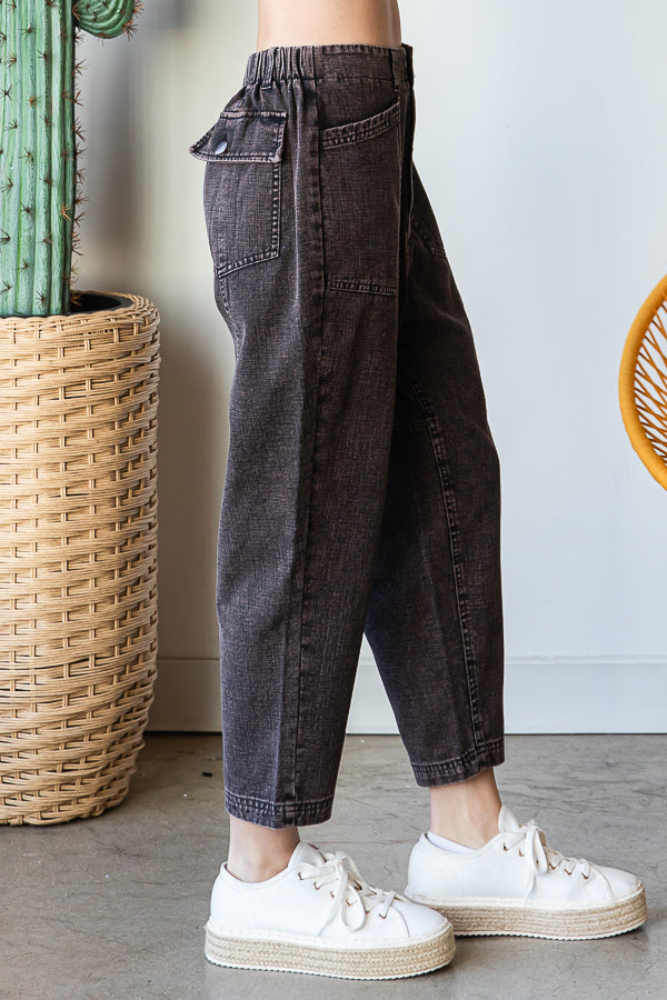WASHED POCKETS HIGH WAIST CARGO PANTS
