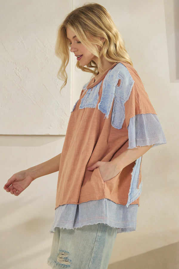 WASHED STAR PATCHWORK FINSH NET CONTRAST KNIT TOP