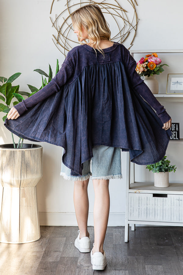 WASHED PLEATED DETAIL LONG SLEEVE FLARE TUNIC TOP