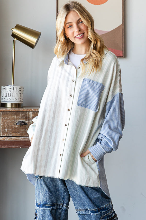 WASHED MULTI STRIPED LONG SLEEVE SHIRT