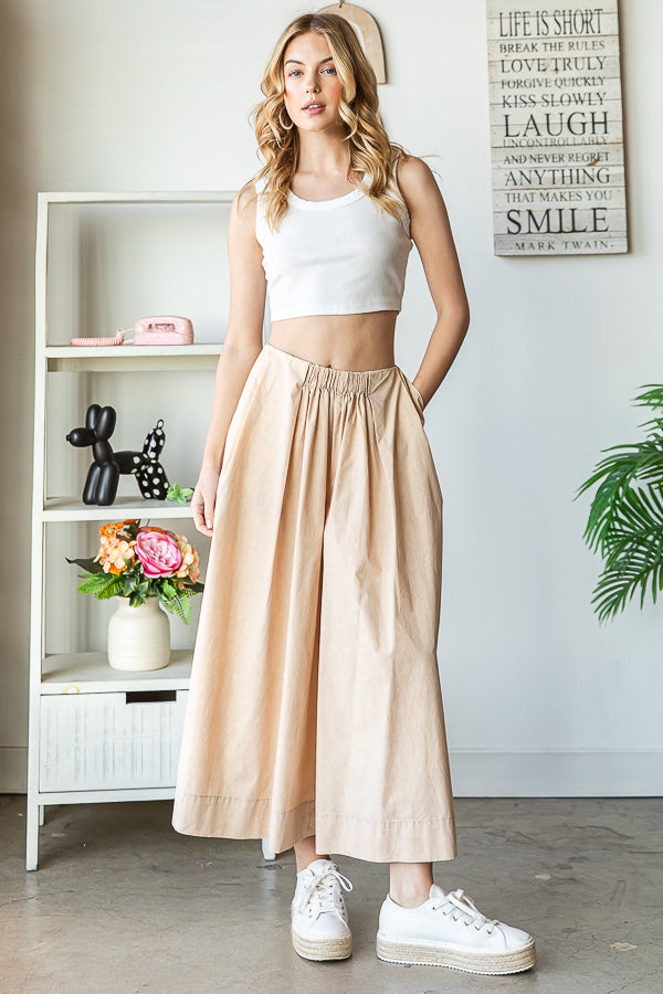 WASHED PLEATED DETAIL WIDE LEG CROPPED PANTS
