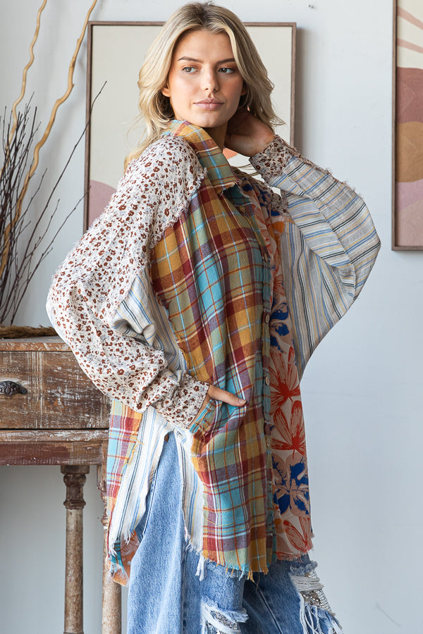 WASHED PRINT MIXED BUTTON DOWN SHIRT