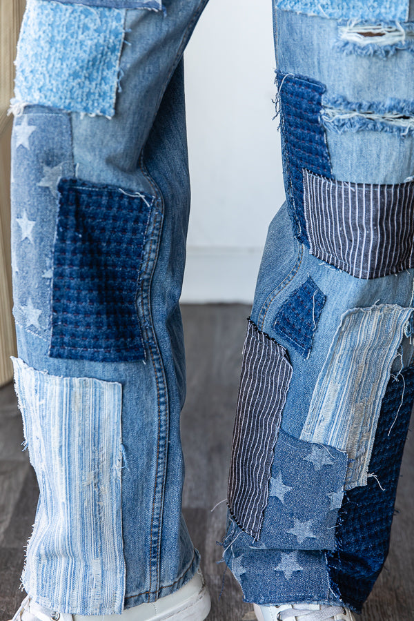WASHED PATCHWORK DETAIL DENIM JEANS