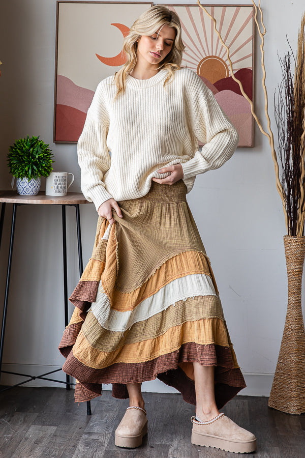 WASHED TIERED SMOCKED WAIST FLARE HEM SKIRT