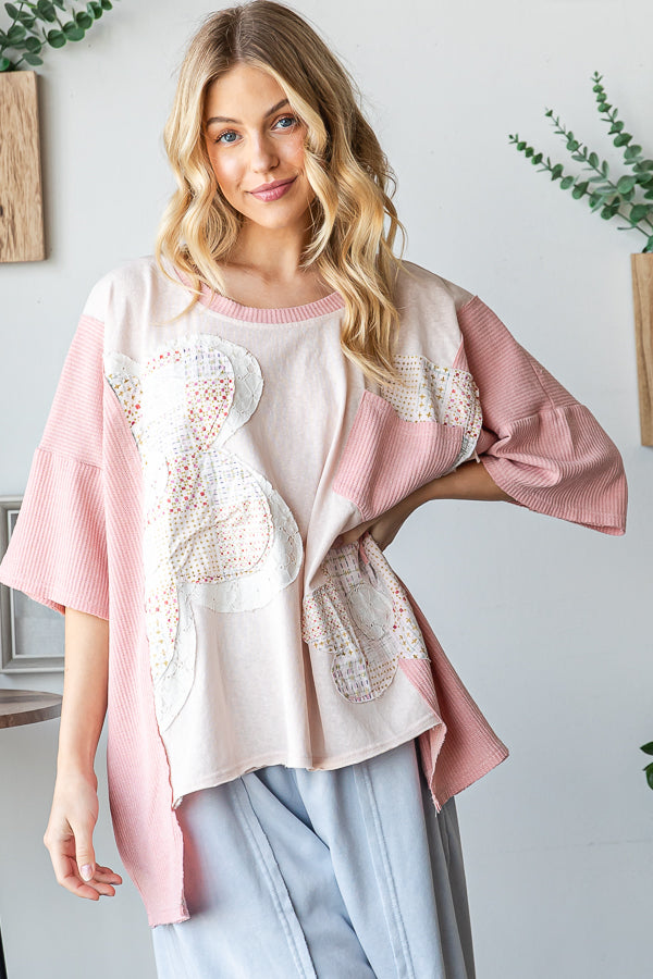 WASHED FLOWER PATCHWORK SHORT SLEEVE TOP